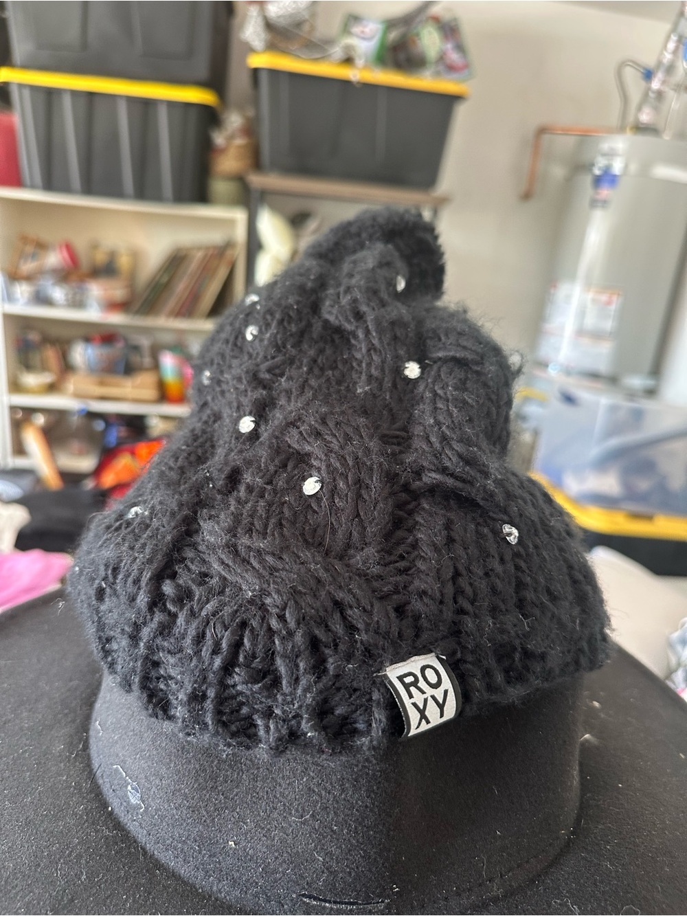 Roxy Kids Black Cable Knit Beanie with Rhinestone Accents